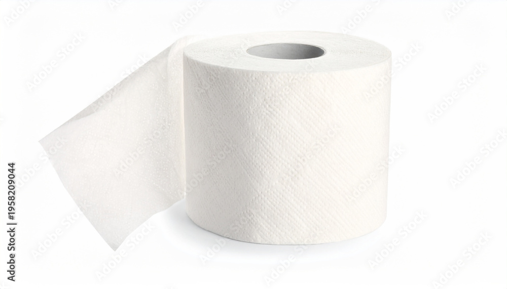 Fototapeta premium Unrolled toilet paper sheet extending from a white roll on a clean background