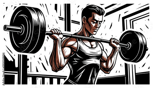Illustration of muscular man lifting weights in gym setting