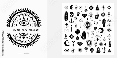 Black and white illustration of mystical symbols and decorative elements