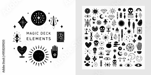 Black and white illustrations of mystical symbols and tarot elements