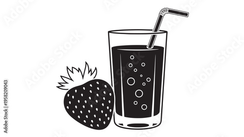 Glass of soda with a strawberry and a straw, featuring bubbles and a simple black and white graphic style.