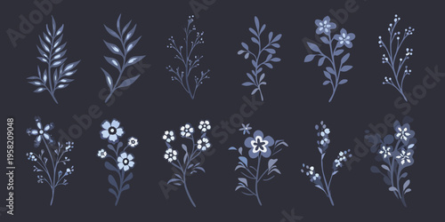 Variety of delicate floral sprigs and botanical illustrations in muted blue tones