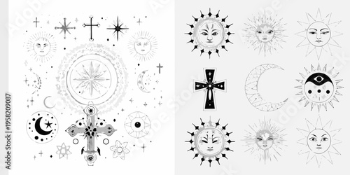 Vintage celestial tattoo flash sheet with suns moons and ornate crosses