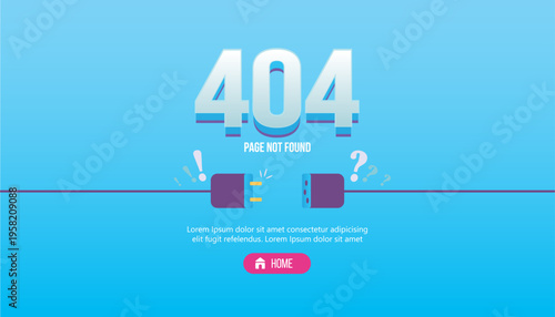 Vector illustration 404 error page not found banner. System error broken page display user interface or mockup or infographic. Disconnected wire or unplugged from outlet.  