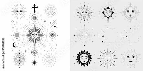 Mystical celestial designs featuring suns moons and human like faces