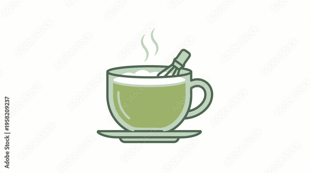 Fototapeta premium Minimalist matcha tea cup icon, flat vector design, clean outline style, soft green color palette, modern food icon, isolated on white background, scalable SVG, premium UI icon style