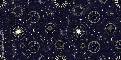 Celestial pattern featuring suns moons and stars on a dark background
