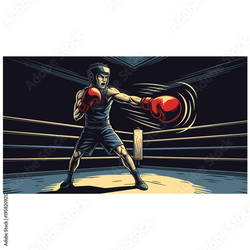 Dynamic illustration of a boxer in a ring with dramatic lighting