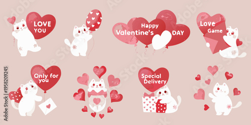 Valentine s day illustrations featuring adorable white cats and red hearts