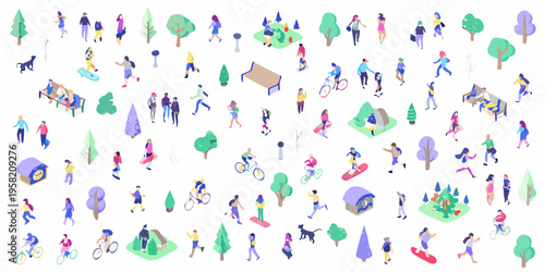 Isometric illustration depicting diverse people enjoying a vibrant public park scene