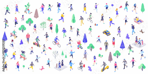Isometric illustration depicting a diverse group of people in a public space