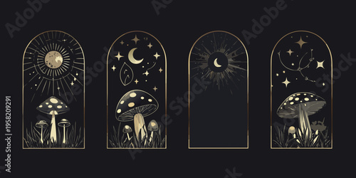 Four arched panels featuring celestial motifs and whimsical mushroom illustrations
