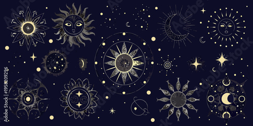 Celestial suns moons and stars in a dark whimsical illustration