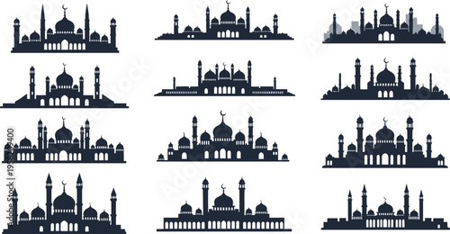 Islamic Mosque Skyline Silhouette Set with Domes and Minarets for Ramadan, Eid Mubarak, and Arabic Architecture Vector Illustration Collection