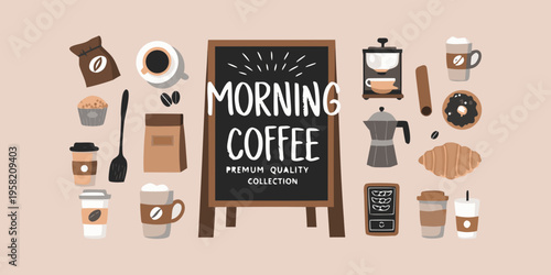 A colorful flat lay illustration showcasing various coffee related items