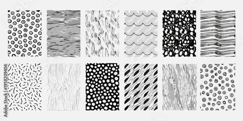 Variety of hand drawn black and white patterns in a grid layout