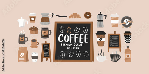 A colorful collection of coffee related items and a chalkboard sign