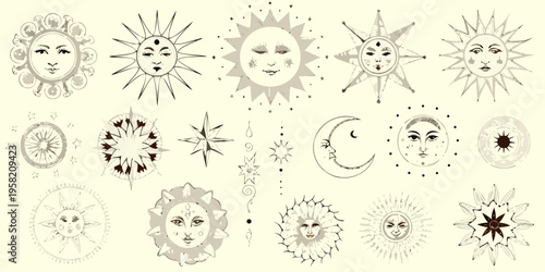 Vintage celestial sun and moon faces with decorative star elements