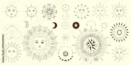 Vintage celestial collection featuring suns moons and star illustrations