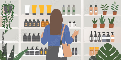 Woman browsing skincare products on shelves in a modern store