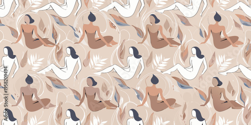 Abstract pattern of reclining women with floral and leaf motifs