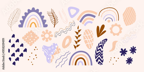 Abstract botanical illustration with colorful arches and organic shapes