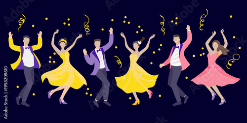 Celebratory group of people joyfully dancing with confetti on a dark background