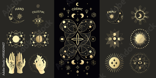 Golden celestial and cosmic illustrations with hands moons and stars