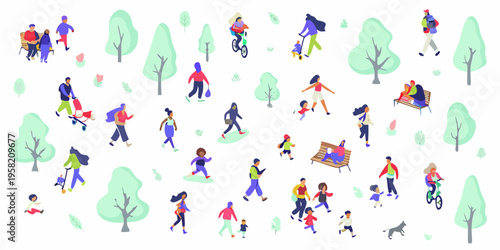 Diverse group of people enjoying a day in a stylized park setting