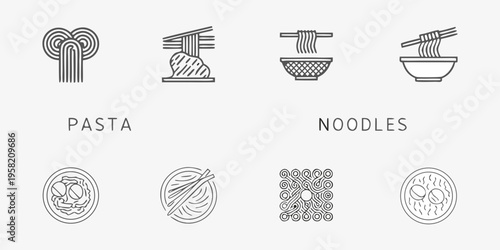 Minimalist line art depicting various pasta and noodle dish illustrations