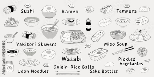 An assortment of traditional japanese cuisine including sushi and ramen