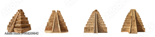 Ancient mayan step pyramids in stone architectural style for historical isolated on transparent background