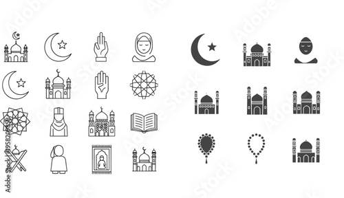 Islamic Religion Icon Set with Mosque, Crescent Moon, Prayer Hands, Quran, Rosary, and Muslim People Symbols for Ramadan Vector Illustration