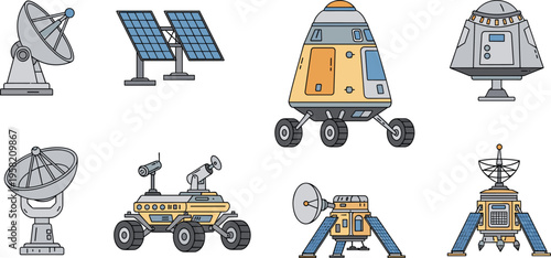 Space Exploration Equipment Icon Set with Satellite Dishes, Solar Panels, Mars Rover, Lander, and Space Capsule Vector Illustration Collection