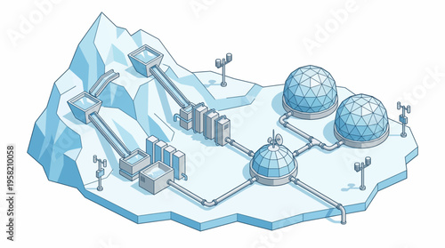 Isometric futuristic research station on ice.