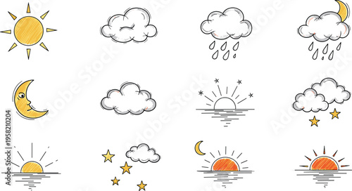 Weather and Sky Hand Drawn Icon Set with Sun, Moon, Clouds, Rain, Stars, and Sunrise Doodle Style Vector Illustration Collection