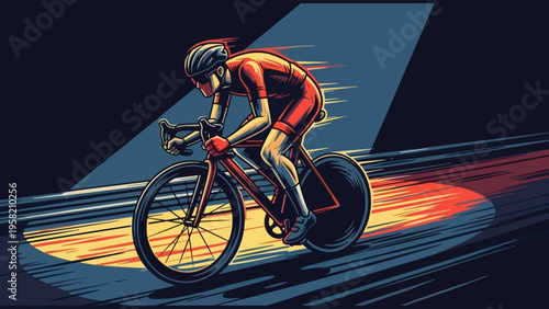 Dynamic illustration of a cyclist racing in vibrant spotlight