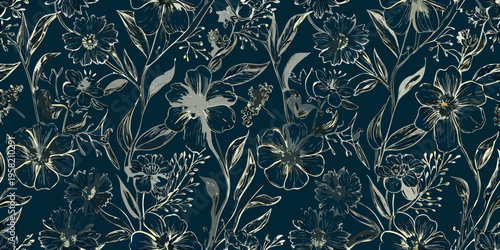 Elegant floral pattern featuring delicate wildflowers in shades of navy and gold