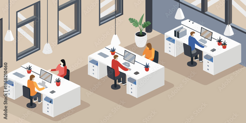 Obraz premium Isometric illustration of a modern office space with employees at desks
