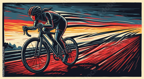 Dynamic illustration of cyclist racing on vibrant abstract background