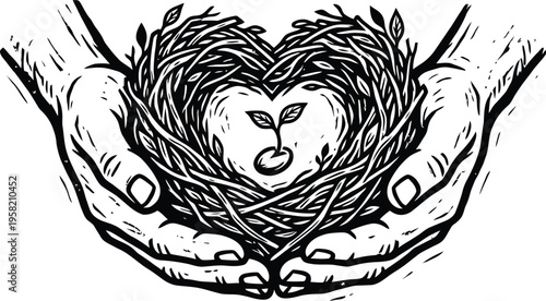Linocut heart nest parent hands baby sprout vector icon parenting care love growth eco sustainable minimal black design white background illustration