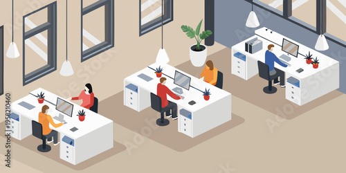 Isometric illustration of a modern office space with employees at desks