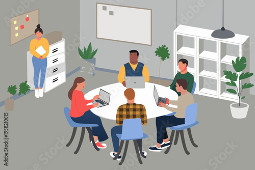 A modern office meeting with diverse colleagues collaborating around a table