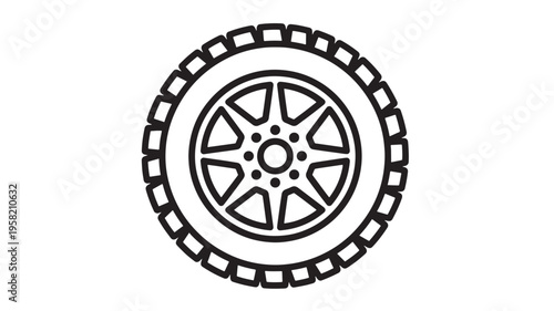 Car wheel icon with a black outline and a five-spoke rim and detailed tread pattern representing automotive parts.