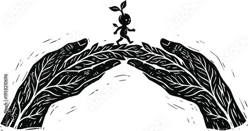 Linocut parent hands leaf bridge child sprout vector icon parenting support growth eco sustainable minimal black design white background illustration