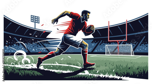 Illustration of rugby player sprinting in a stadium during a match
