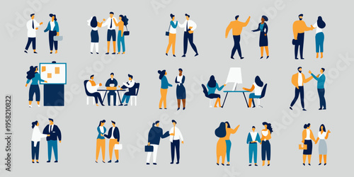 Diverse group of professionals interacting in various business settings