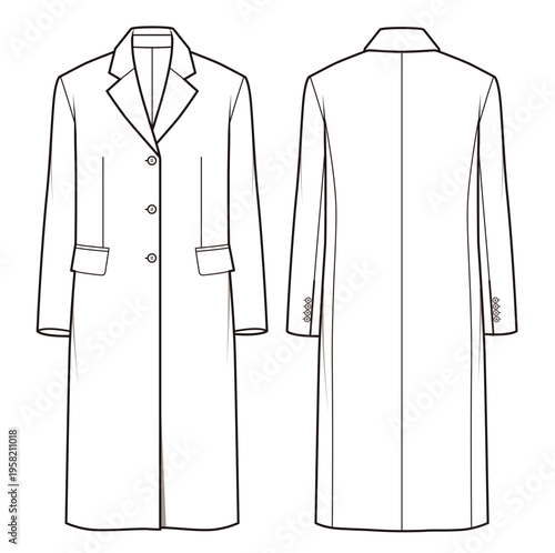 Mens long overcoat technical flat fashion sketch vector template illustration front and back view single breasted tailored loose fit minimal outerwear apparel CAD drawing design mockup concept
