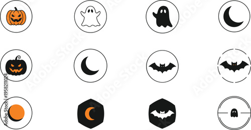 Halloween Icon Set with Pumpkin, Ghost, Bat, and Moon Symbols in Minimal Flat Design Style for Apps, Stickers, Labels, and Decorations