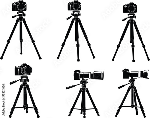 Camera tripod silhouette illustration with DSLR and telephoto lens, photography equipment design, professional photo gear artwork, technical setup inspiration